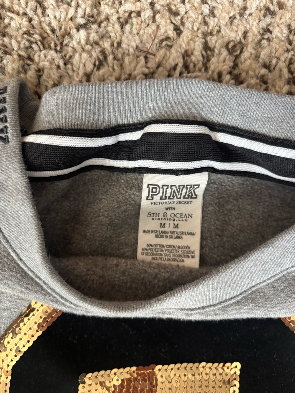 PINK Victoria's Secret Gray Crewneck Sweatshirt with Gold Sequin Logo - Picture 2 of 4